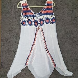 MT Collection White Pink Blue Knit Embroided Summer Swim Cover Up One Size